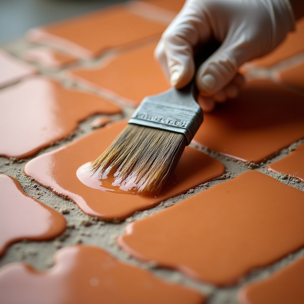 Applicazione del trattamento antimacchia su pavimento in cotto con pennello professionale, prodotto impregnante trasparente