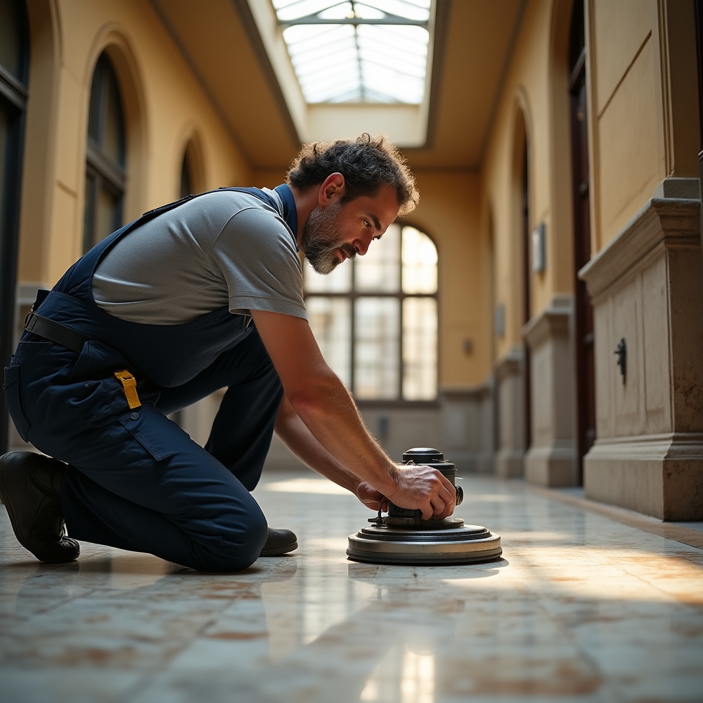 Artigiano al lavoro sulla lucidatura di un pavimento in marmo con macchinario professionale