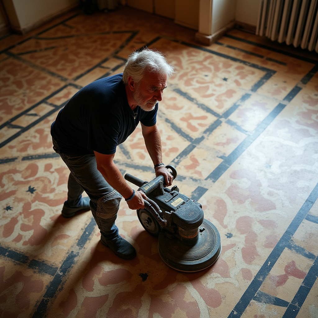 Lavorazione di restauro su pavimento in graniglia veneziana con motivi geometrici, fase di levigatura con macchina professionale
