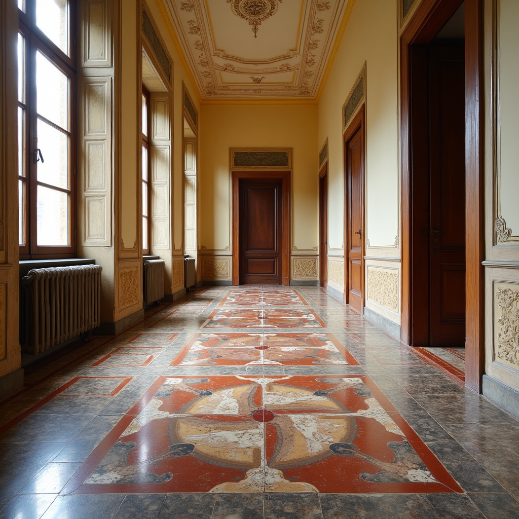 Pavimento in graniglia veneziana con motivi geometrici colorati tipici delle abitazioni storiche
