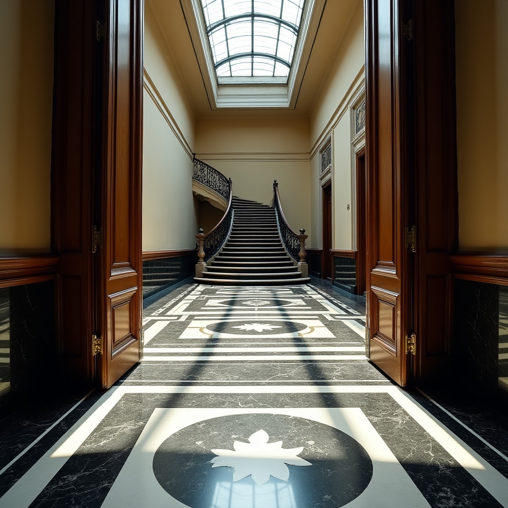 Ingresso di un palazzo storico torinese con pavimento in marmo originale e decorazioni Liberty, luce naturale dall'alto